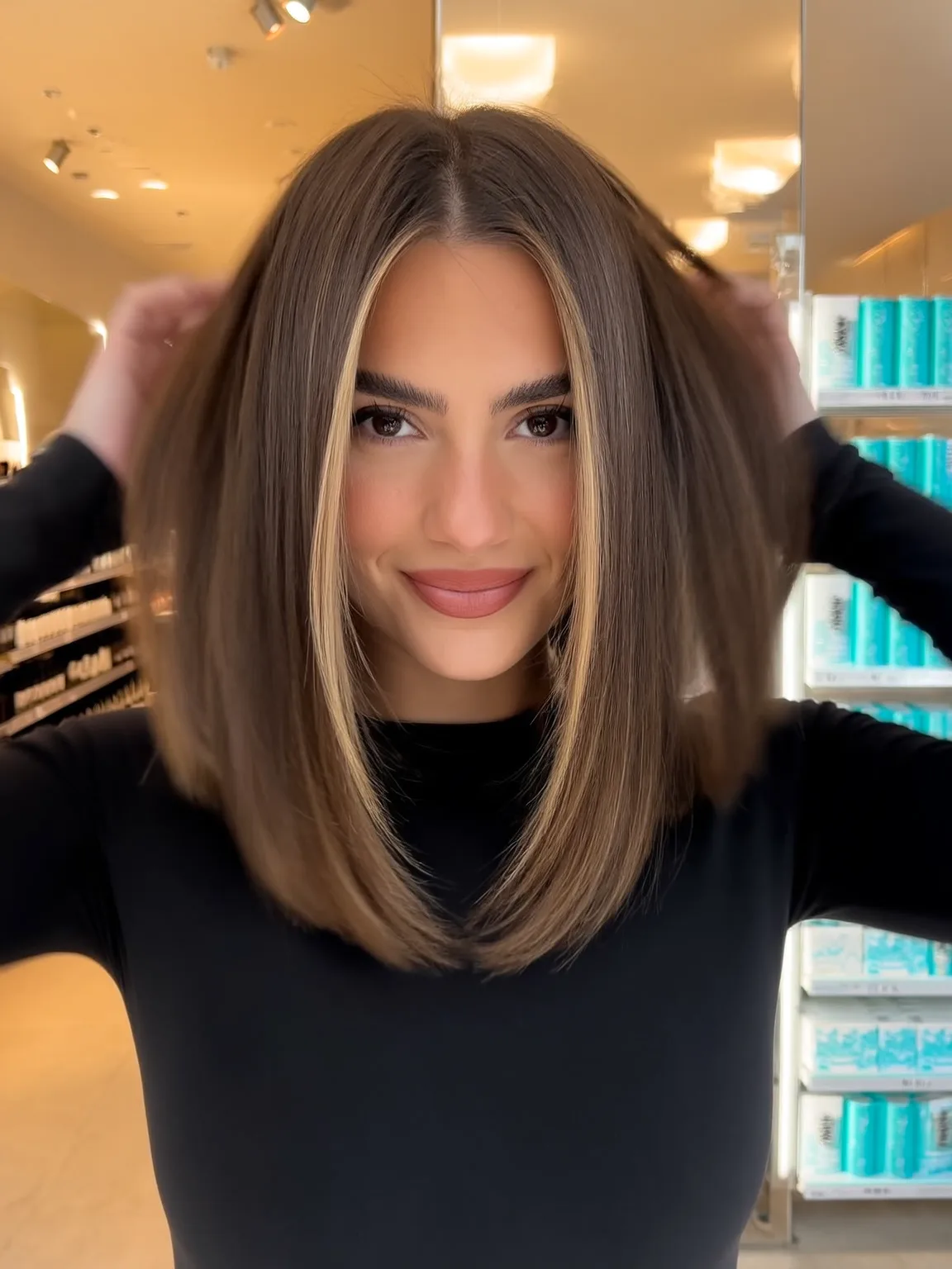 Shoulder-Length Blunt Lob with Chestnut Brown Highlights